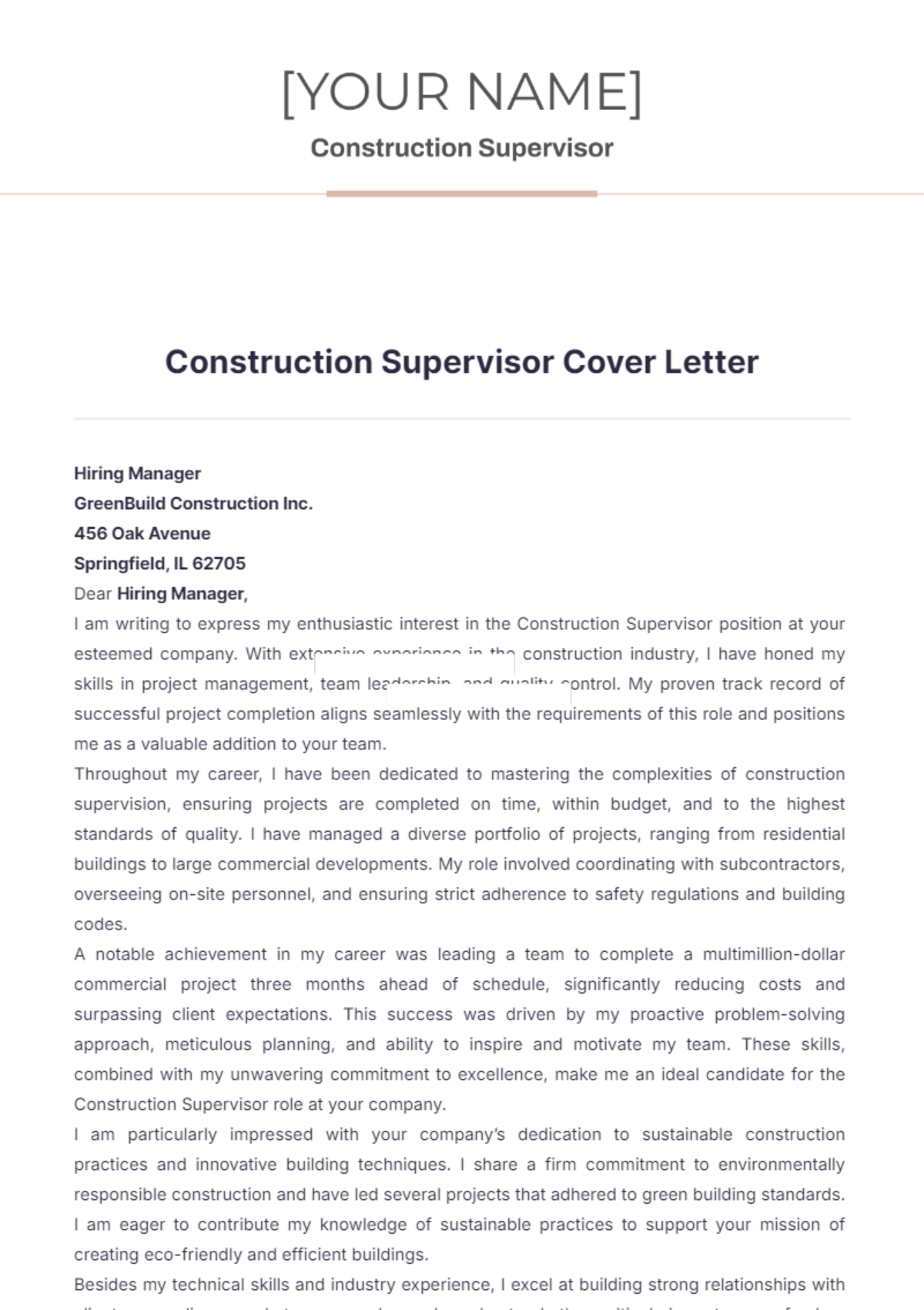 Construction Supervisor Cover Letter - Edit Online & Download