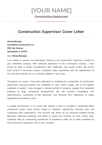 Free Construction Supervisor Cover Letter to Edit Online