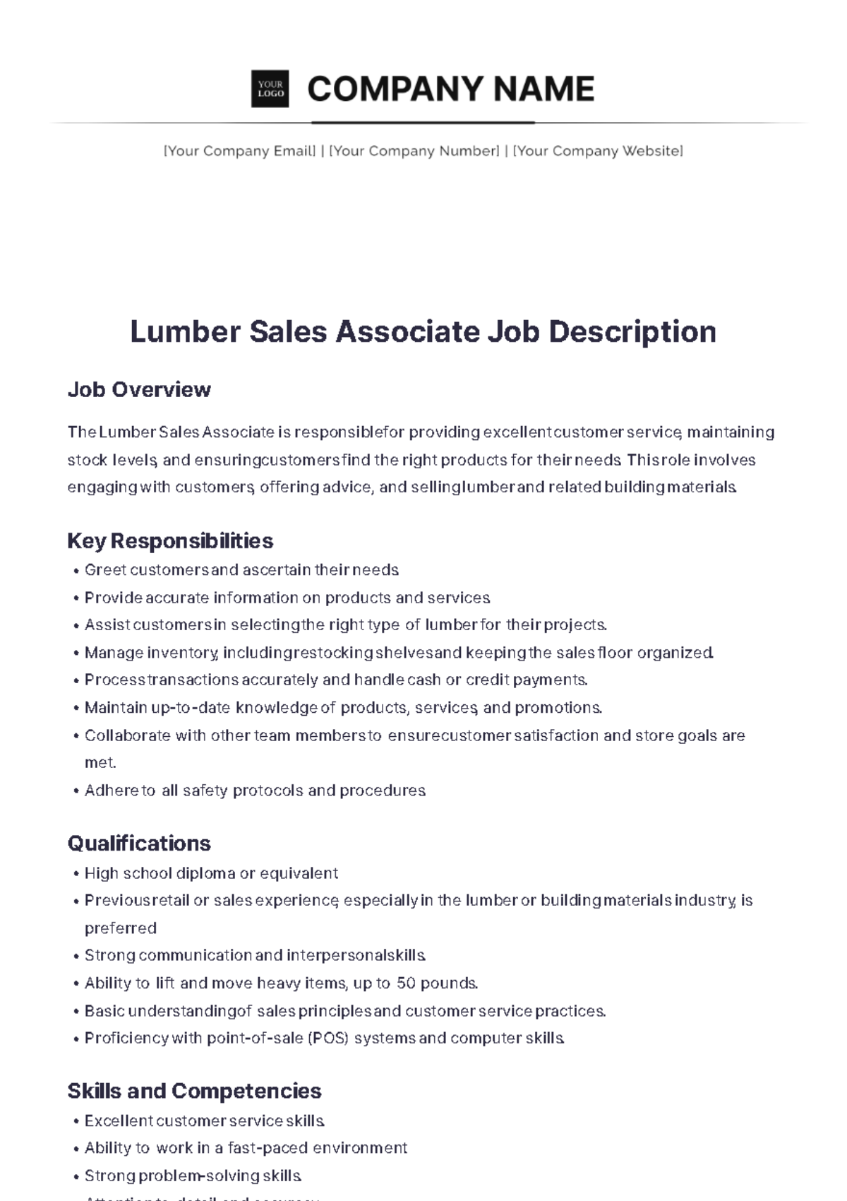 Lumber Sales Associate Job Description - Edit Online & Download