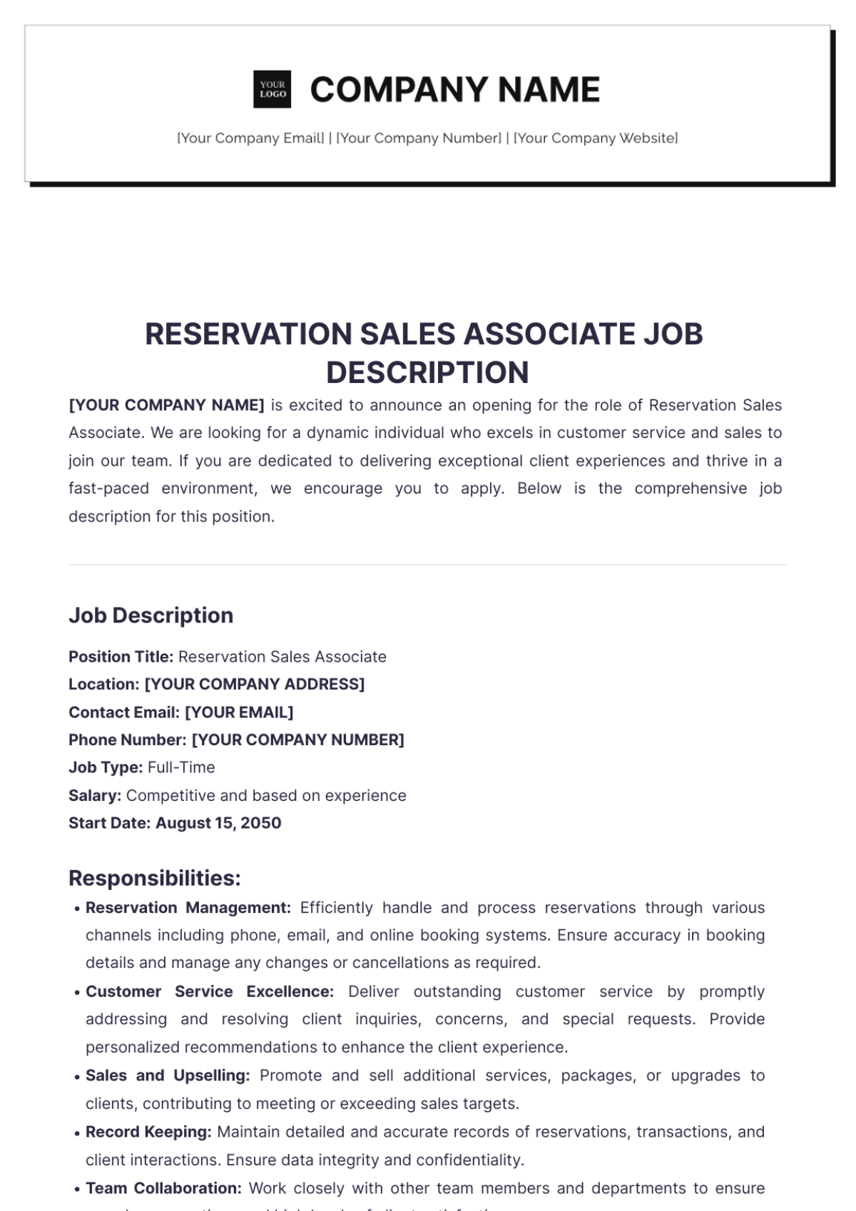 Reservation Sales Associate Job Description