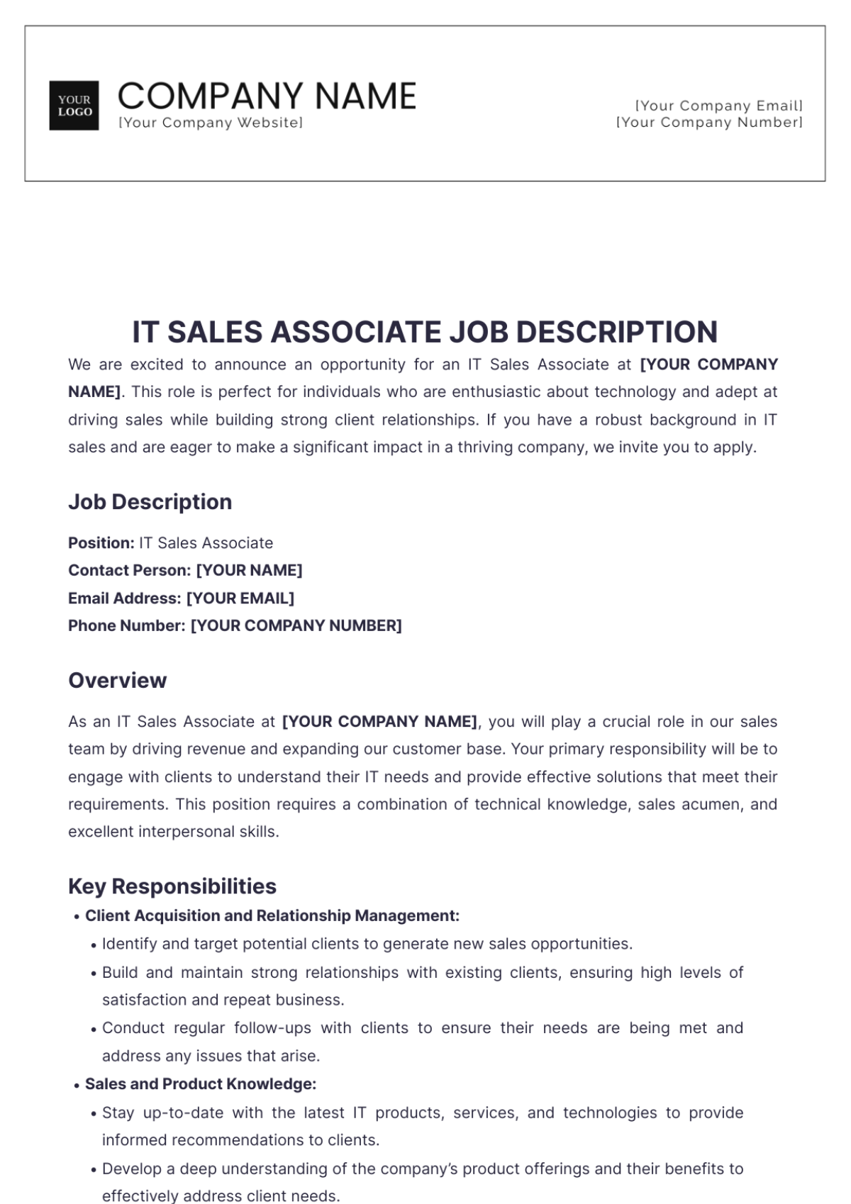 IT Sales Associate Job Description - Edit Online & Download