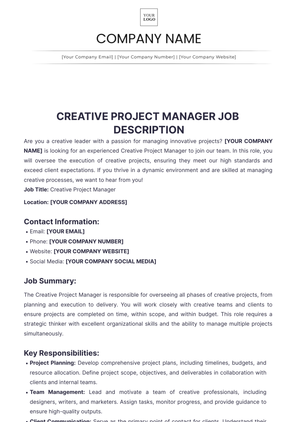 Creative Project Manager Job Description - Edit Online & Download