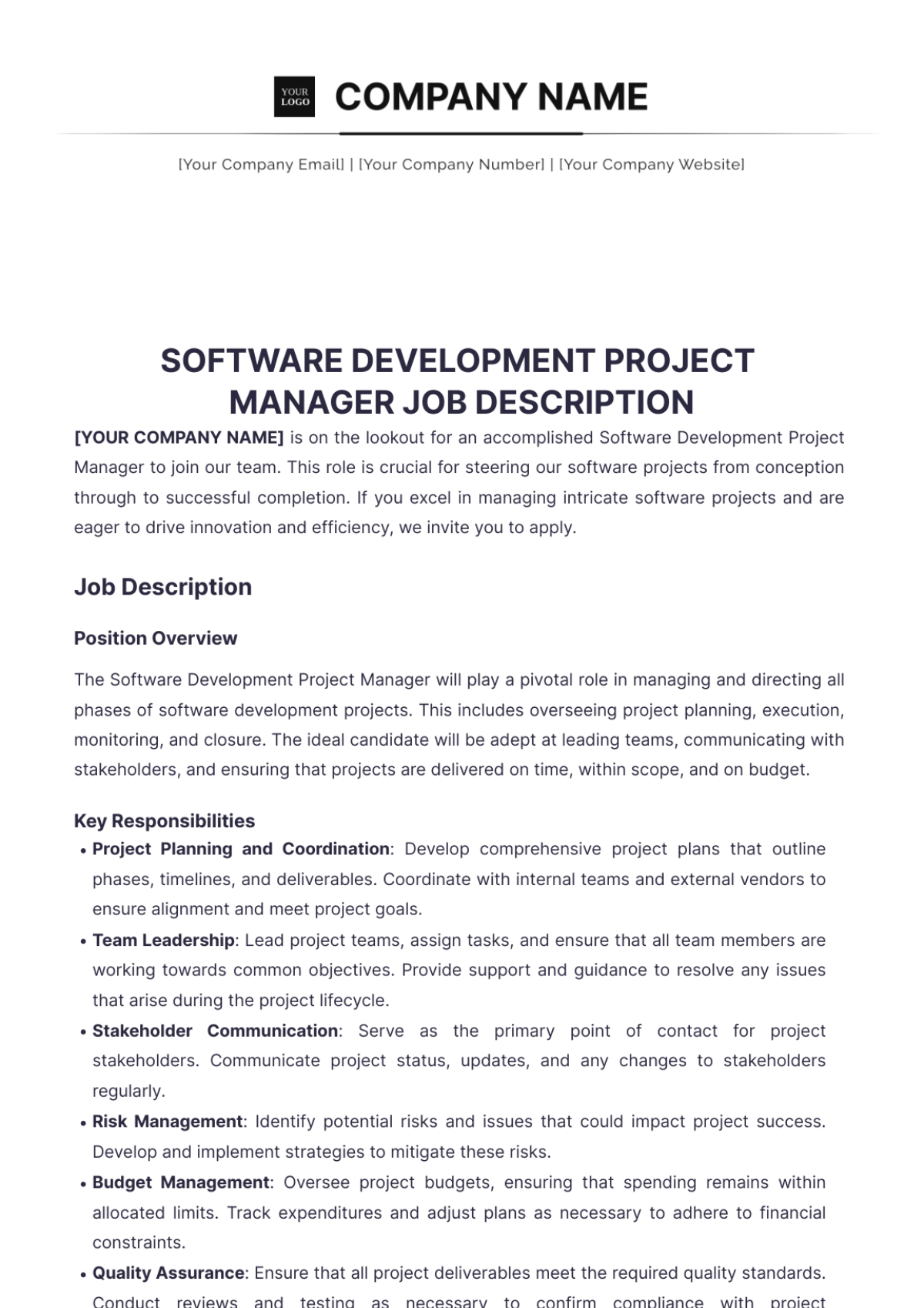 Software Development Project Manager Job Description - Edit Online & Download