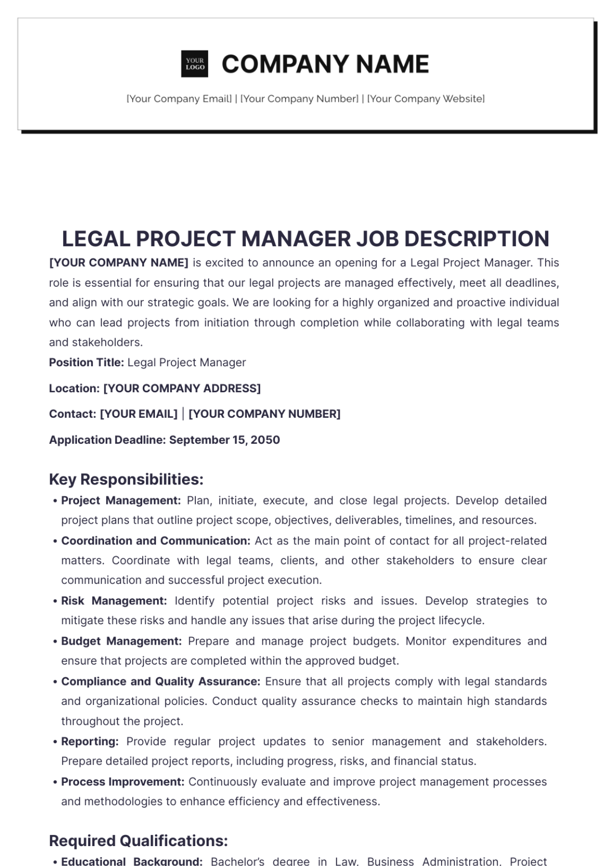 Legal Project Manager Job Description - Edit Online & Download