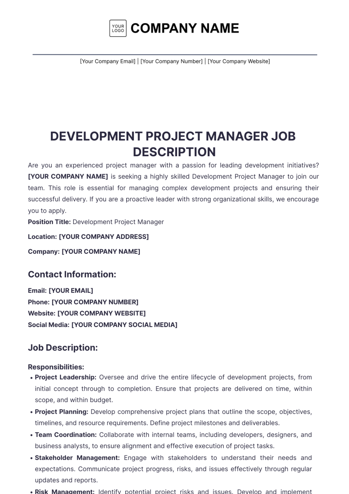 Development Project Manager Job Description - Edit Online & Download