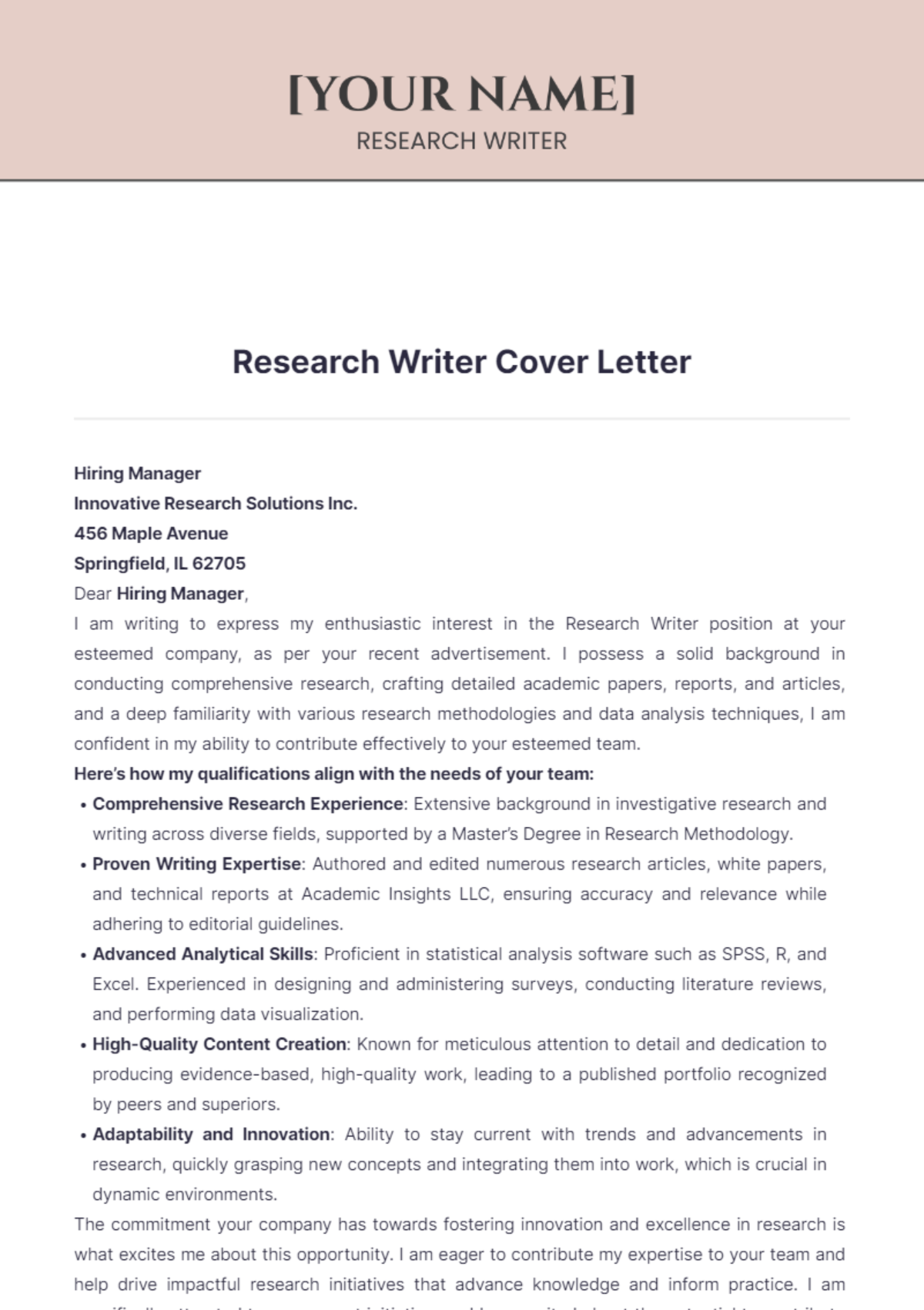 Research Writer Cover Letter - Edit Online & Download