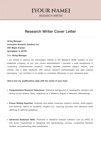 Free Research Writer Cover Letter to Edit Online
