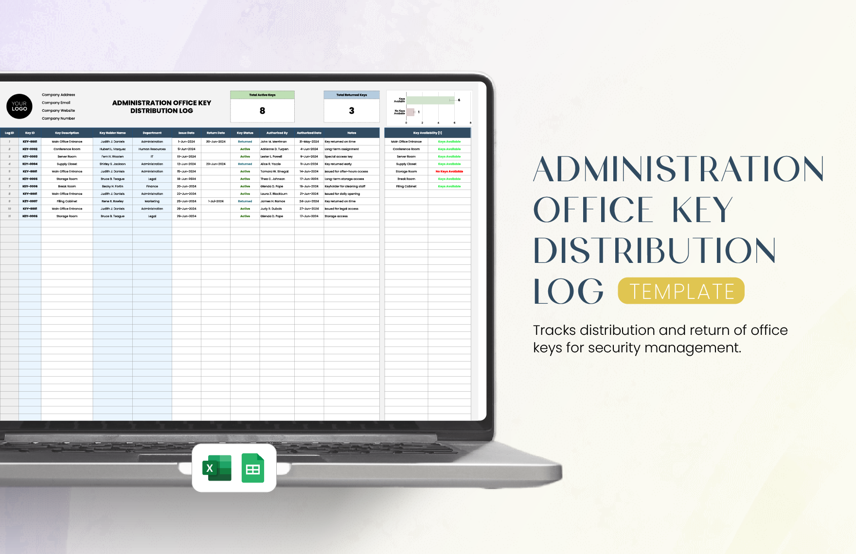 Administration Office Key Distribution Log Template in Excel, Google Sheets