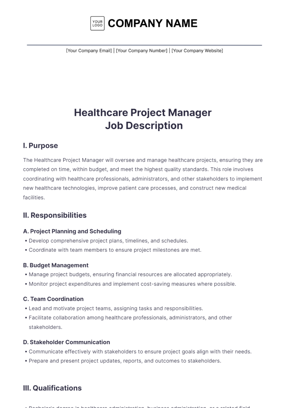 Healthcare Project Manager Job Description - Edit Online & Download