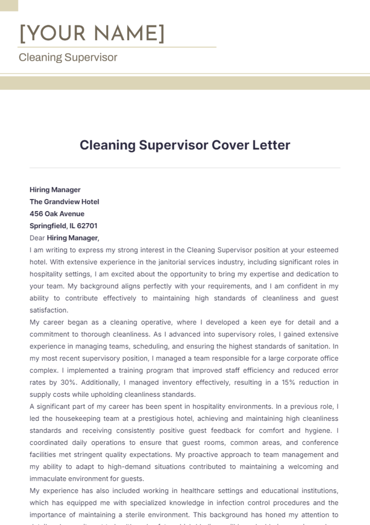 Cleaning Supervisor Cover Letter - Edit Online & Download