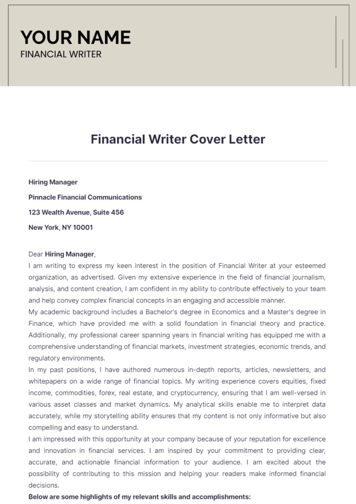 Financial Writer Cover Letter - Edit Online & Download