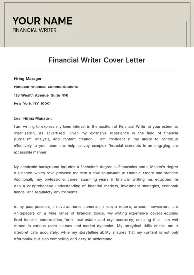 Free Financial Writer Cover Letter to Edit Online