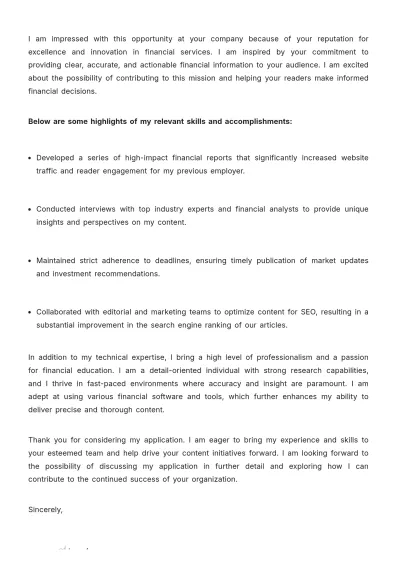 Free Financial Writer Cover Letter to Edit Online