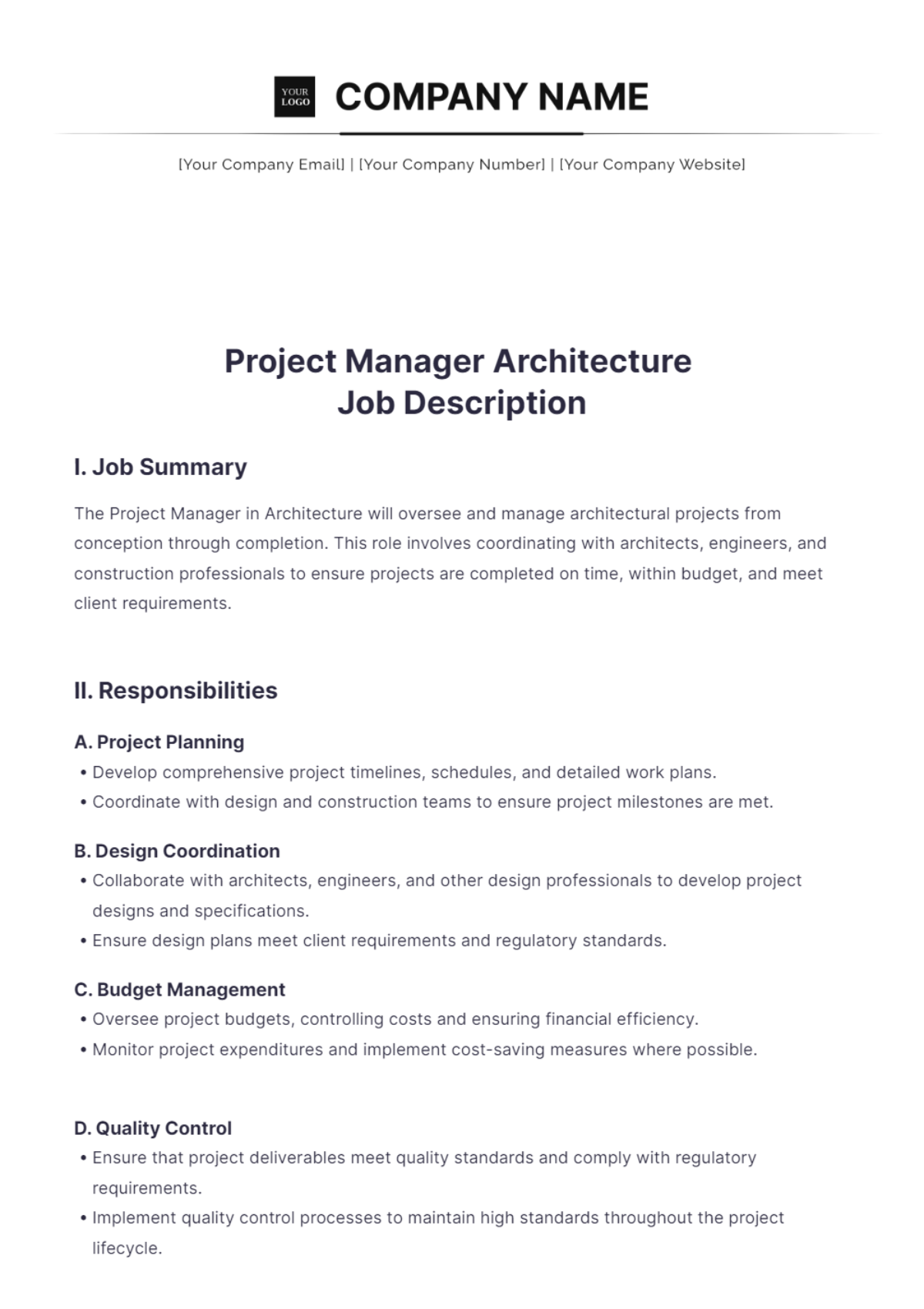 Project Manager Architecture Job Description - Edit Online & Download