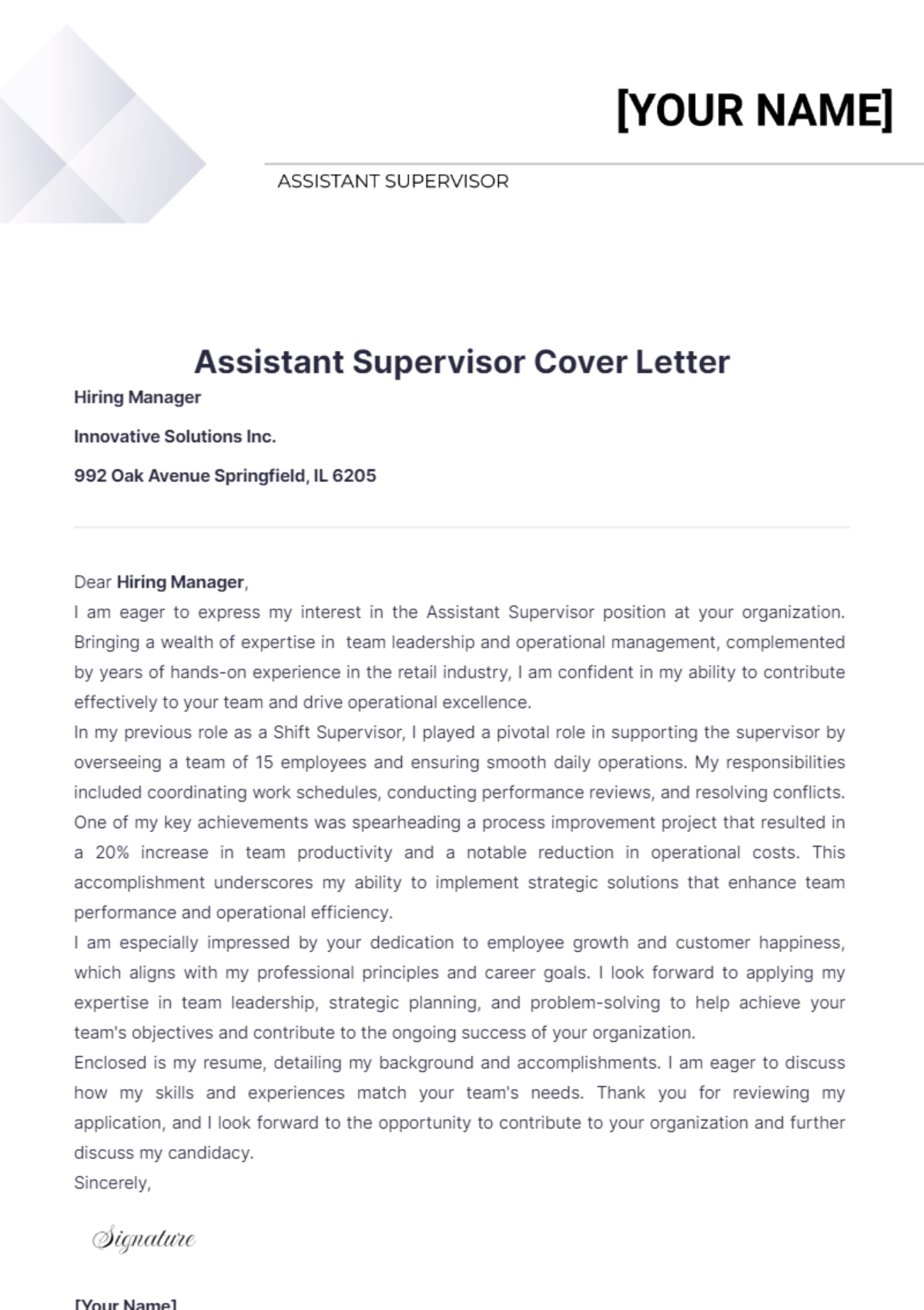 Assistant Supervisor Cover Letter - Edit Online & Download