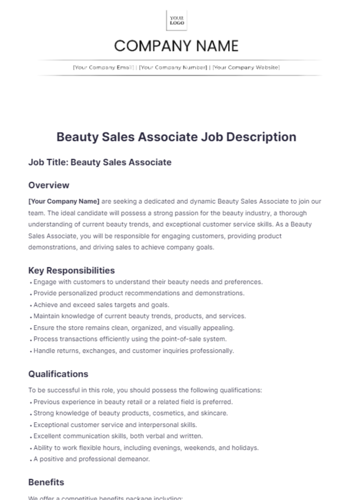 Beauty Sales Associate Job Description - Edit Online & Download