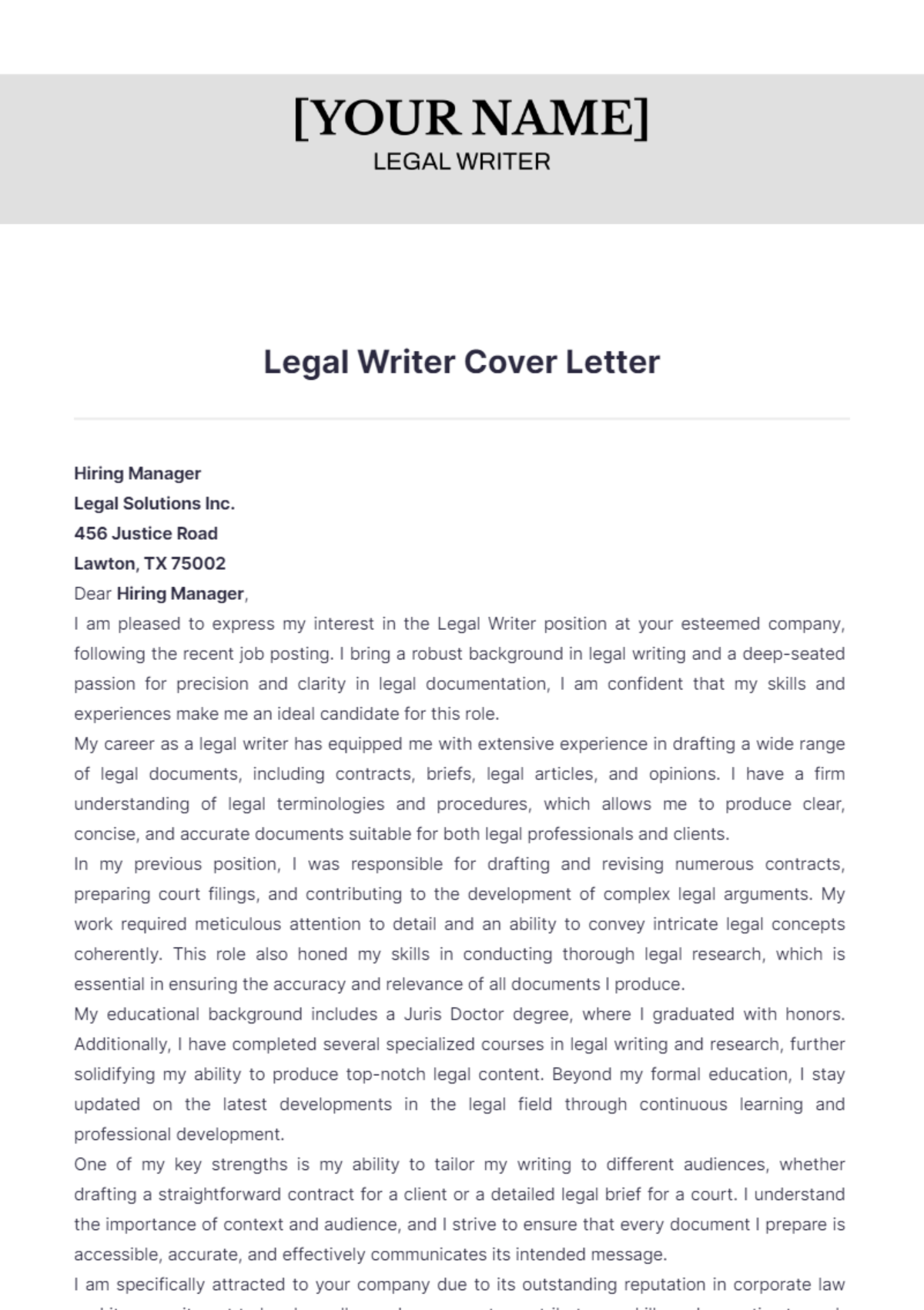 Legal Writer Cover Letter - Edit Online & Download