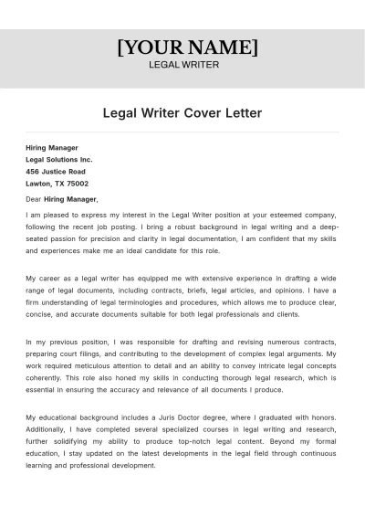 Free Legal Writer Cover Letter to Edit Online