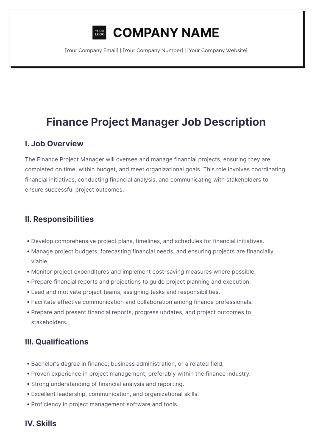 Finance Project Manager Job Description - Edit Online & Download