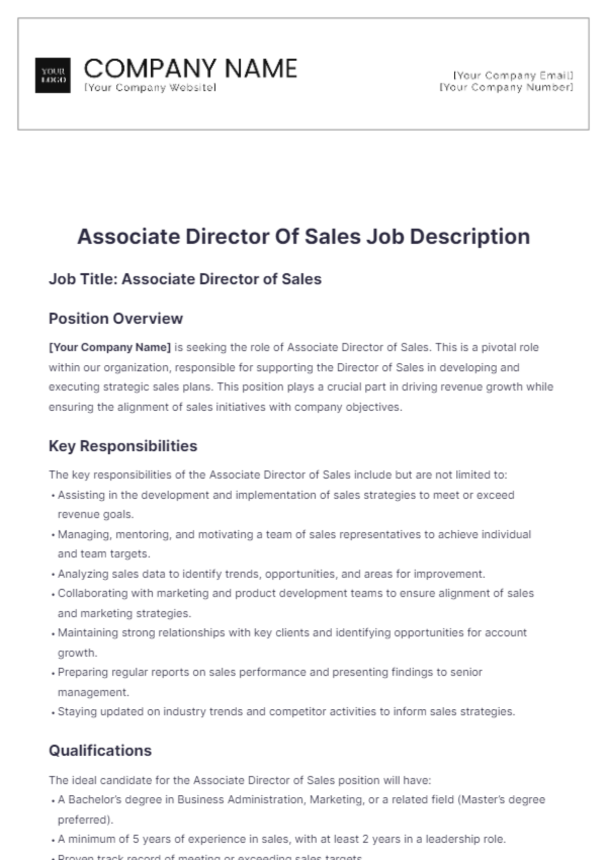 Associate Director Of Sales Job Description - Edit Online & Download