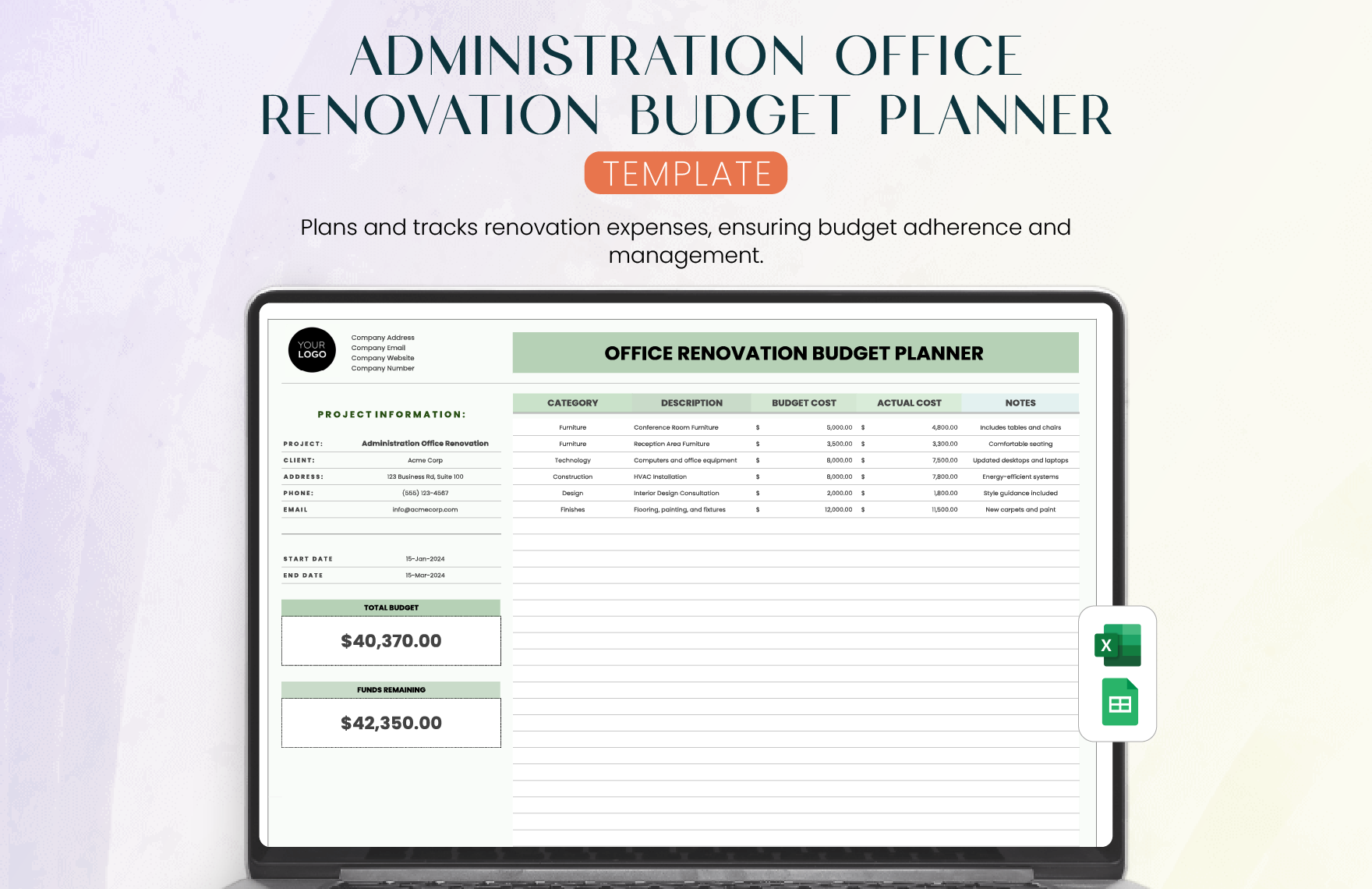 Administration Office Renovation Budget Planner Template in Excel, Google Sheets