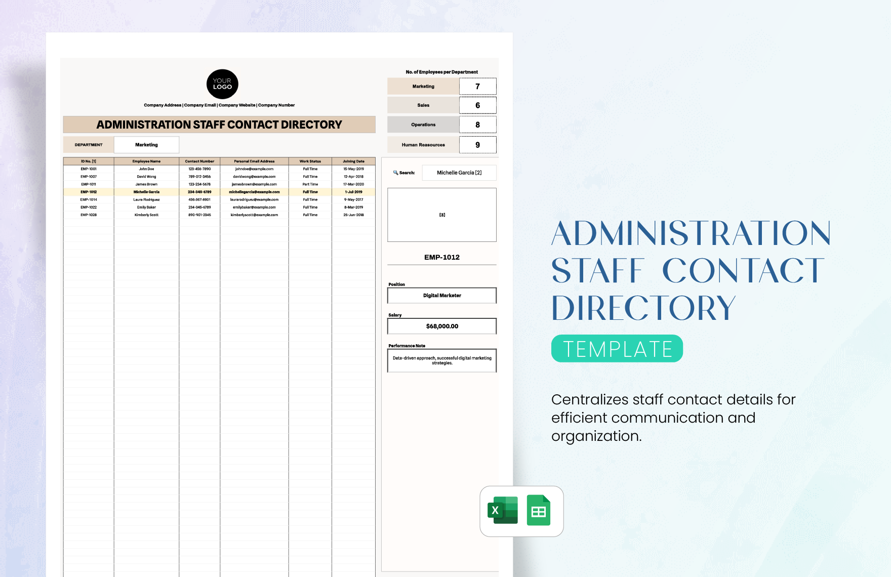 Administration Staff Contact Directory Template in Excel, Google Sheets