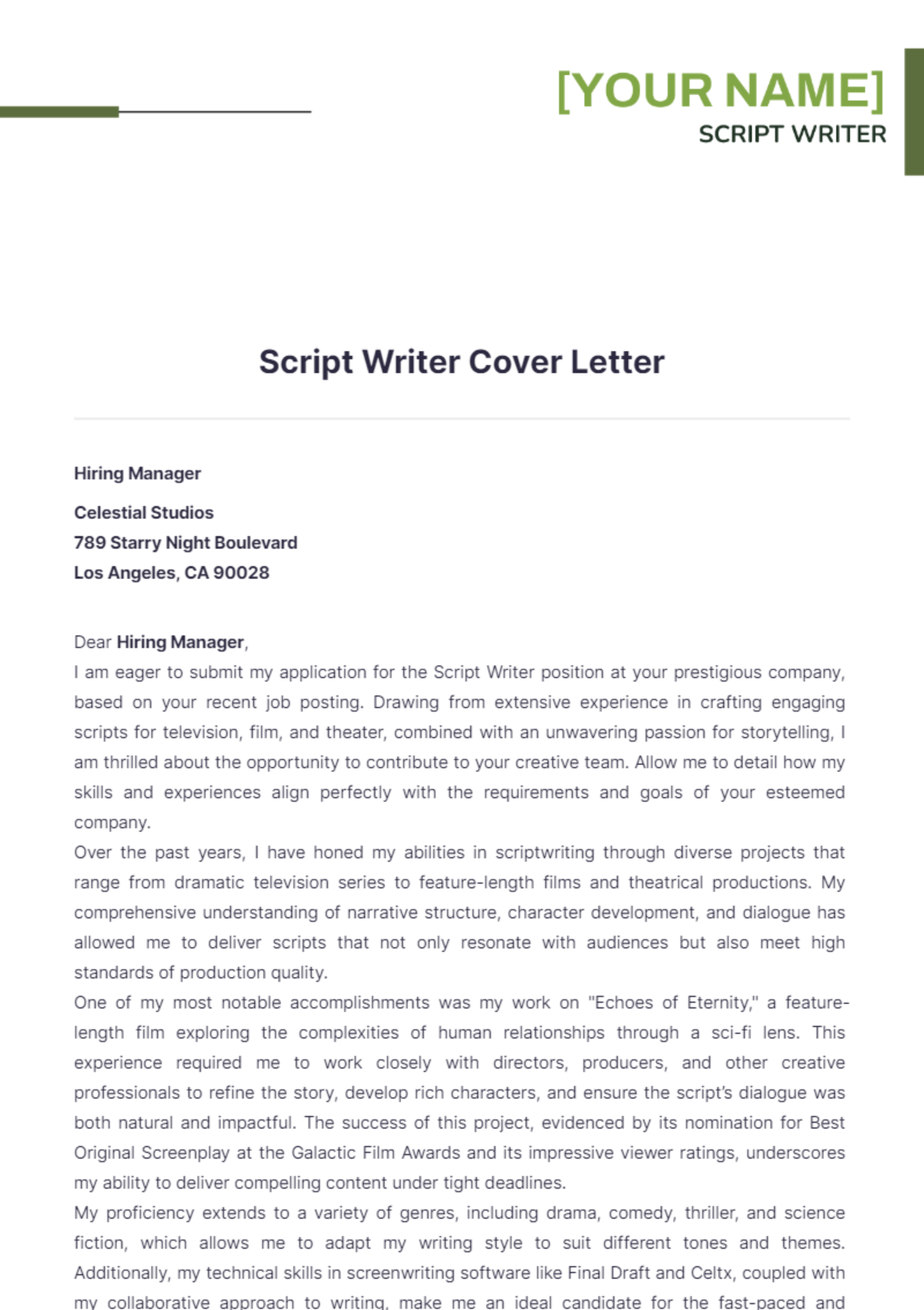 Script Writer Cover Letter - Edit Online & Download