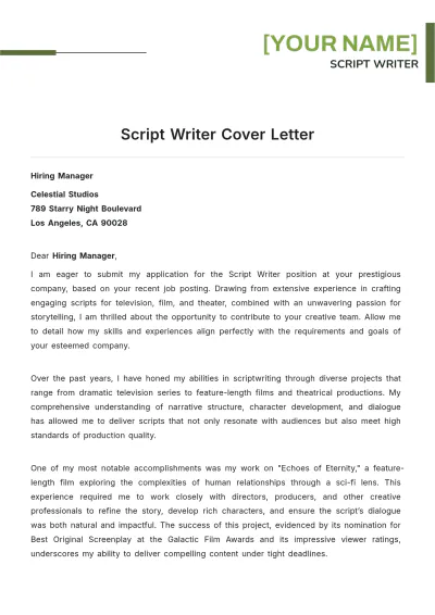 Free Script Writer Cover Letter to Edit Online