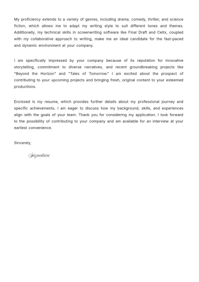 Free Script Writer Cover Letter to Edit Online