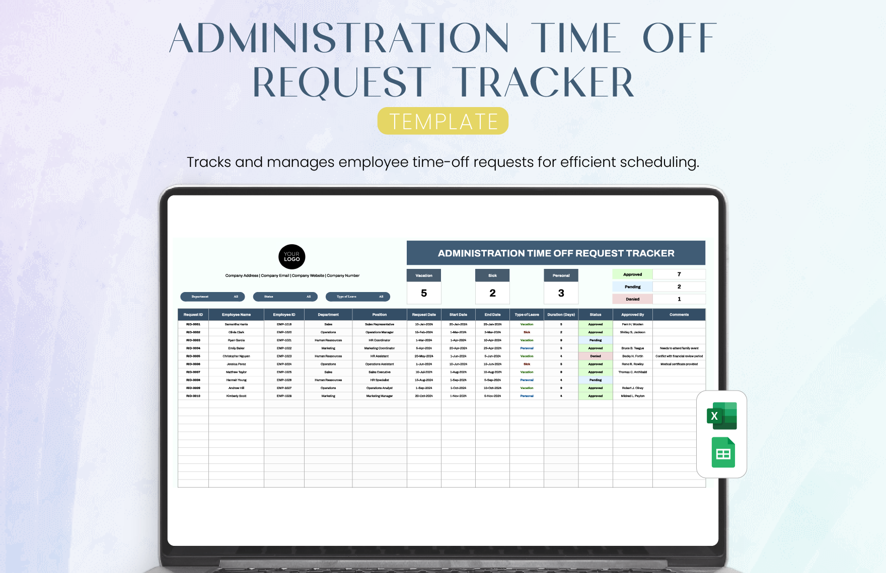 Administration Time Off Request Tracker Template in Excel, Google Sheets