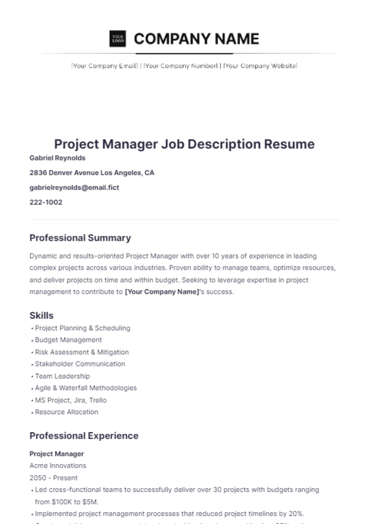 Project Manager Job Description Resume - Edit Online & Download