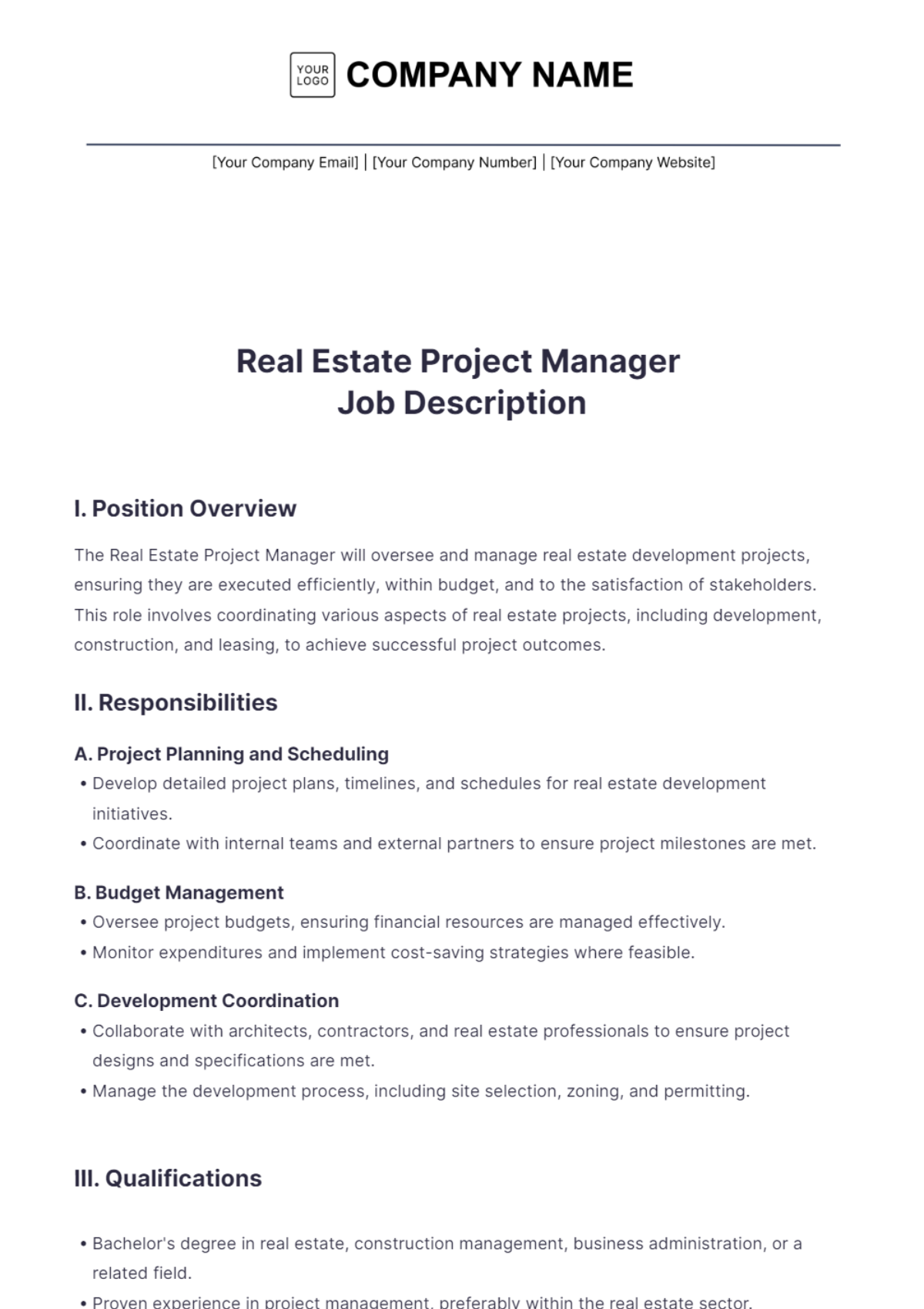 Real Estate Project Manager Job Description - Edit Online & Download