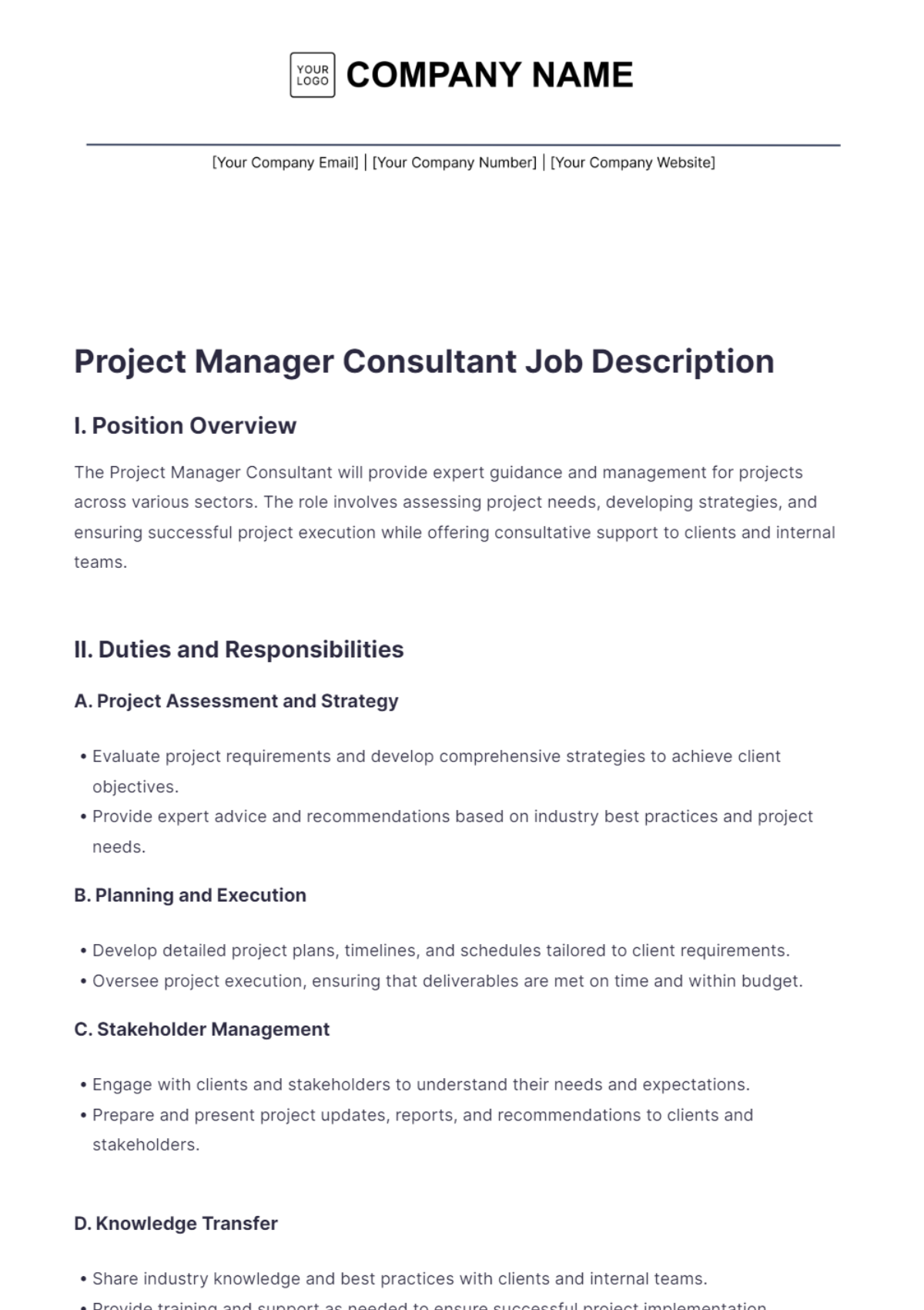 Project Manager Consultant Job Description - Edit Online & Download