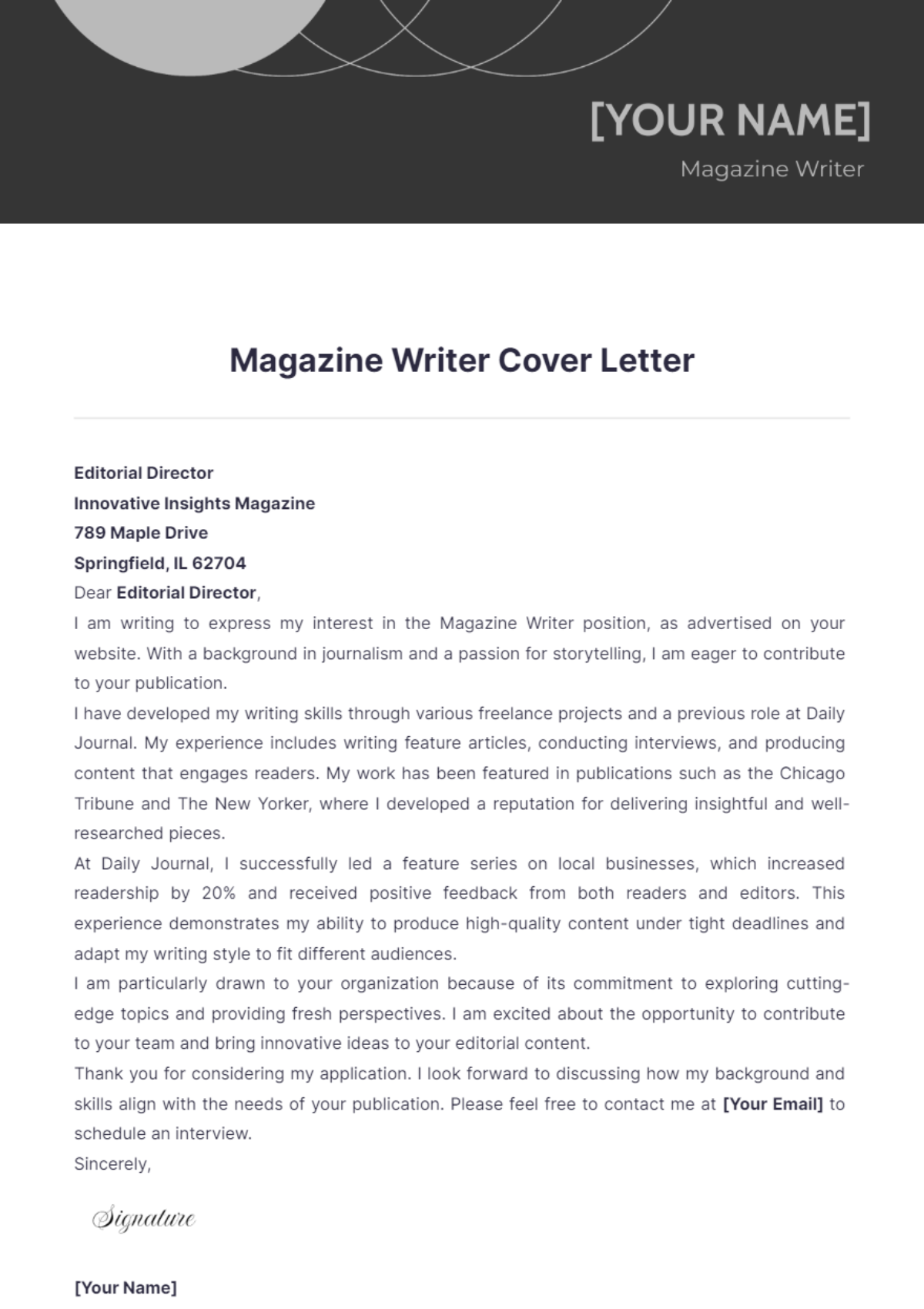 Magazine Writer Cover Letter - Edit Online & Download