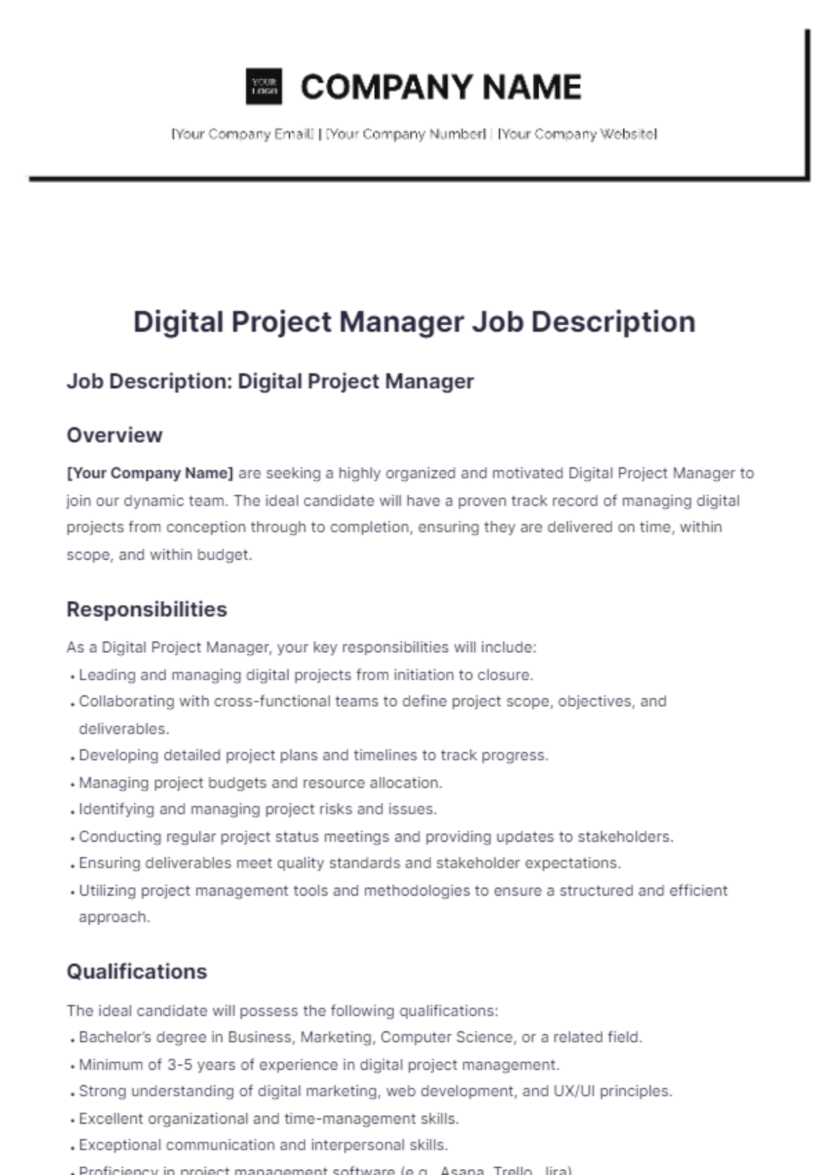 Digital Project Manager Job Description - Edit Online & Download