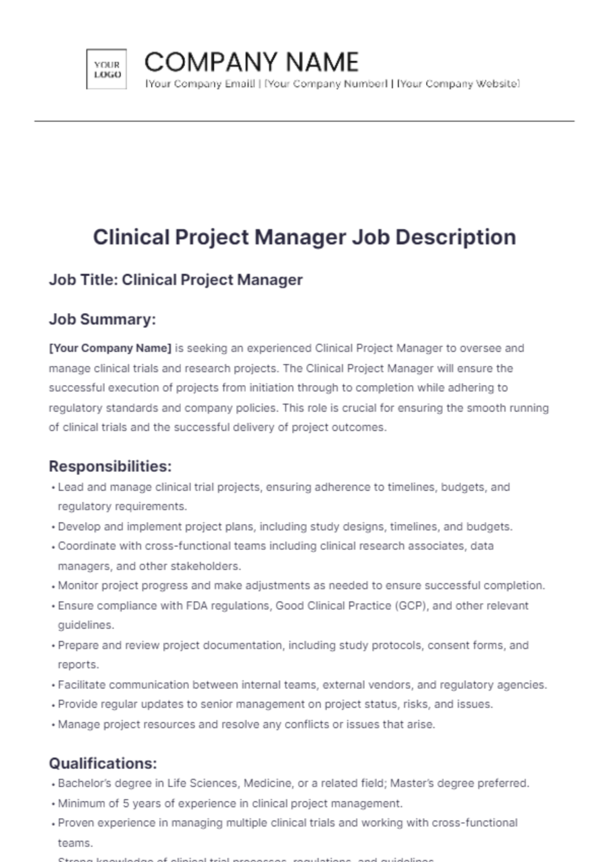 Clinical Project Manager Job Description - Edit Online & Download