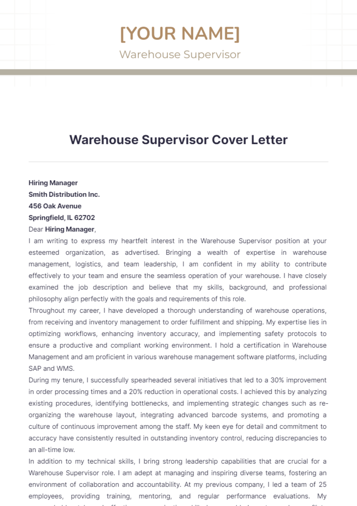 Warehouse Supervisor Cover Letter - Edit Online & Download