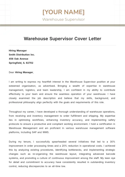 Free Warehouse Supervisor Cover Letter to Edit Online