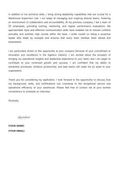 Free Warehouse Supervisor Cover Letter to Edit Online