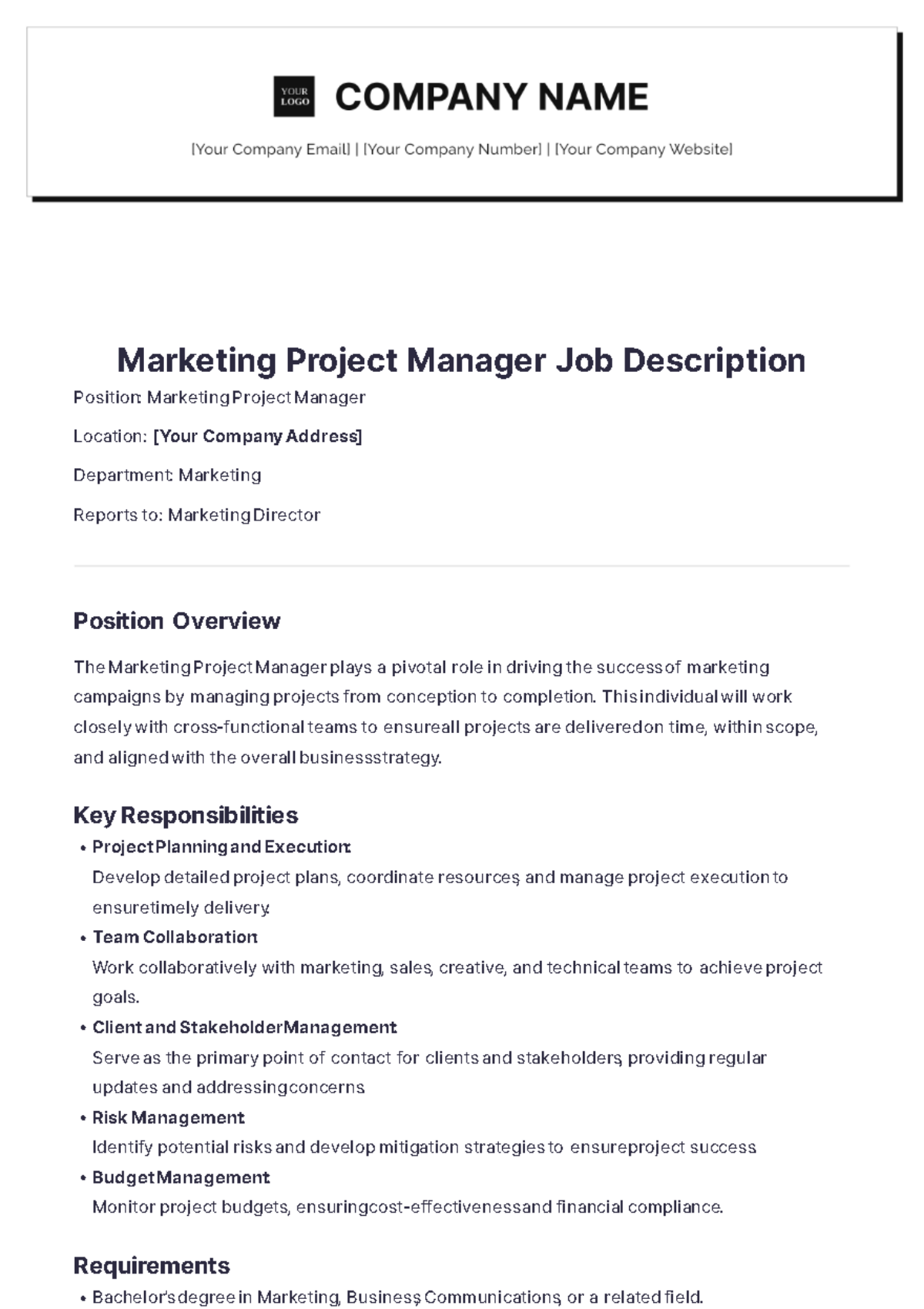 Marketing Project Manager Job Description Template - Edit Online & Download