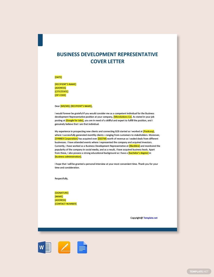 Business Development Representative Cover Letter Template