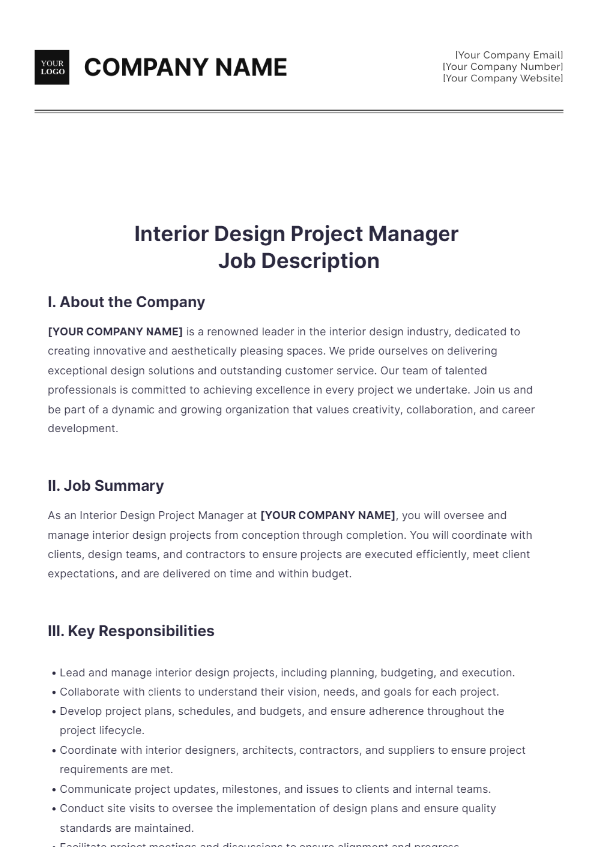 Interior Design Project Manager Job Description - Edit Online & Download