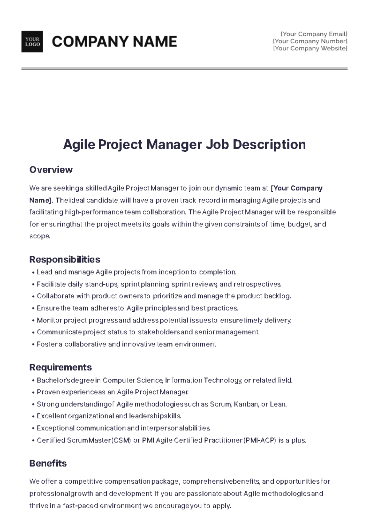 Agile Project Manager Job Description - Edit Online & Download