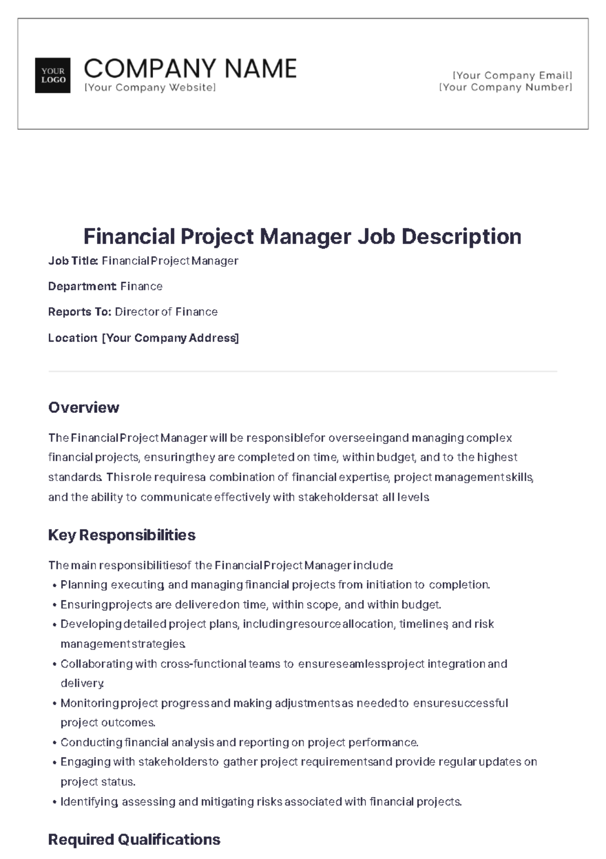 Financial Project Manager Job Description - Edit Online & Download