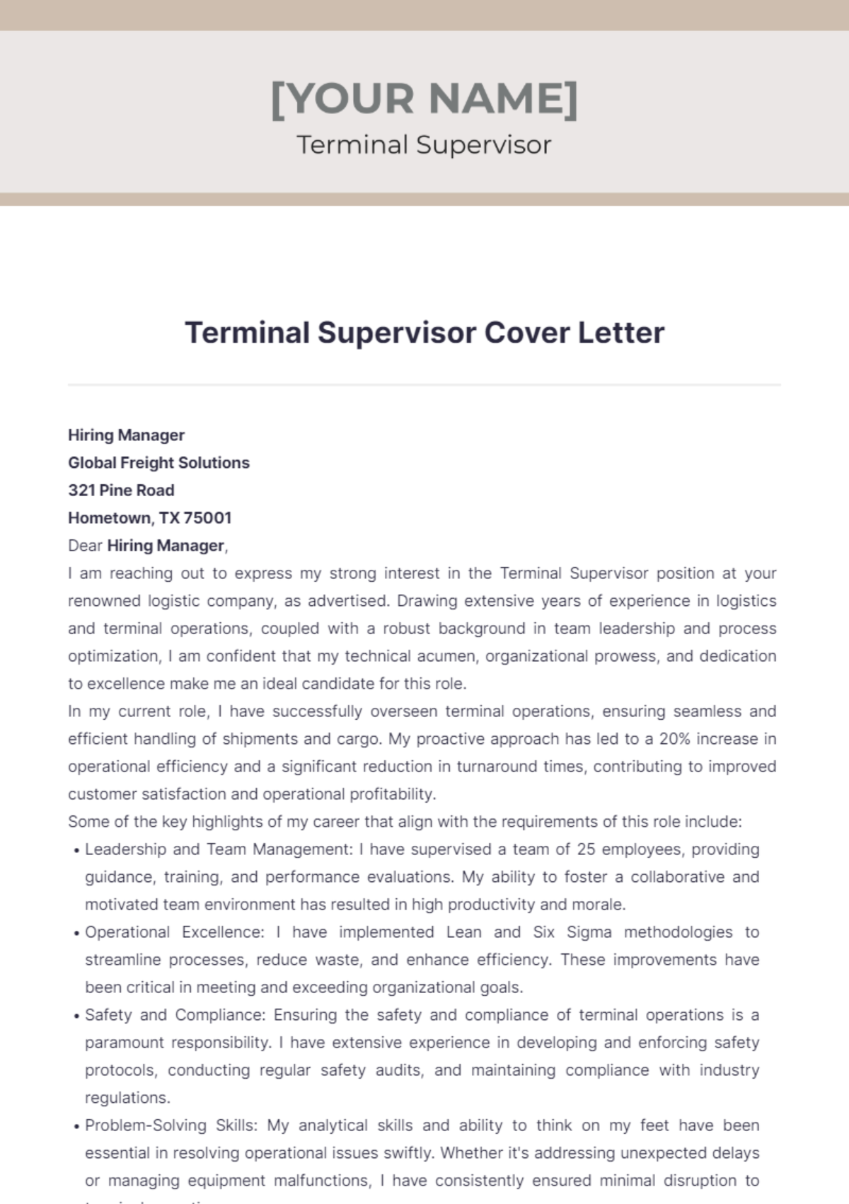 Terminal Supervisor Cover Letter - Edit Online & Download