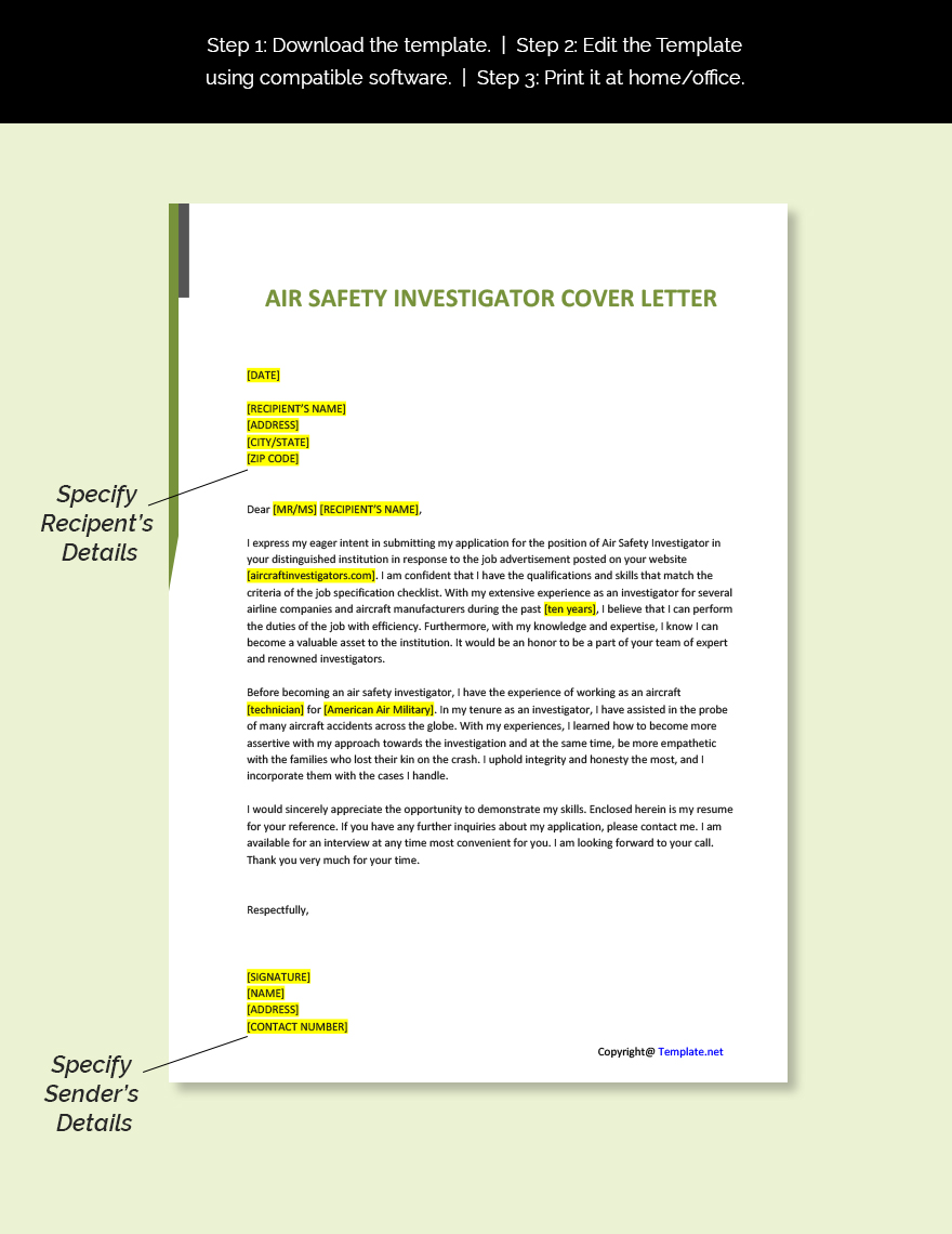Air Safety Investigator Cover Letter Template