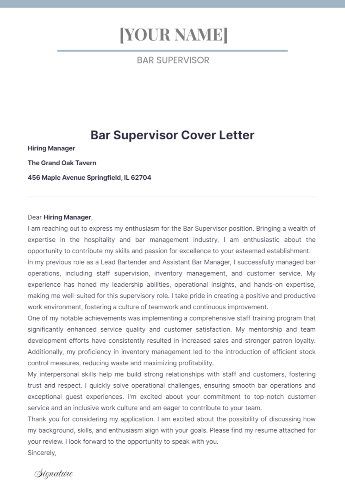 Bar Supervisor Cover Letter - Edit Online & Download