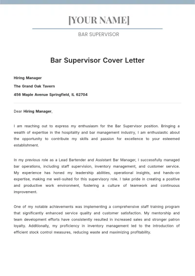 Free Bar Supervisor Cover Letter to Edit Online