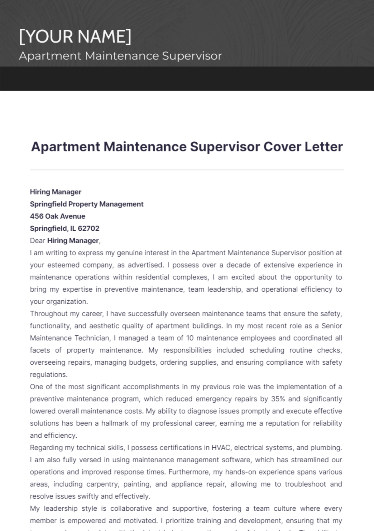 Apartment Maintenance Supervisor Cover Letter - Edit Online & Download