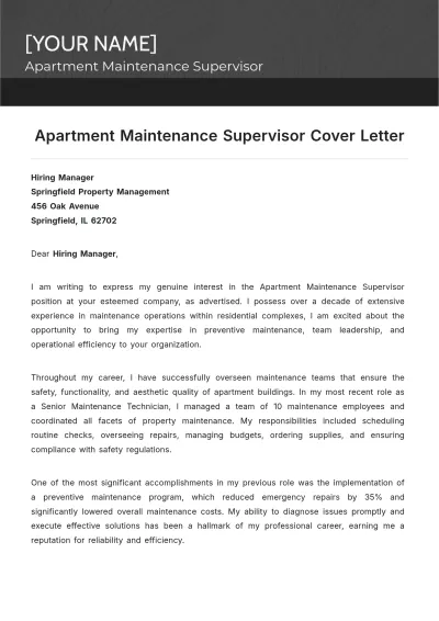Free Apartment Maintenance Supervisor Cover Letter to Edit Online